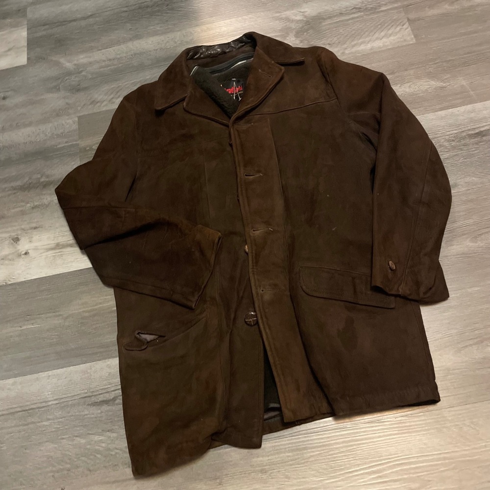 Vintage Bradfield Mens Brown Suede Leather Car Coat Faux Fur Lined Jacket L